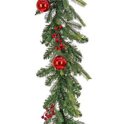 6 ft Pre-Lit Artificial Christmas Garland with Red Ornaments and Berries