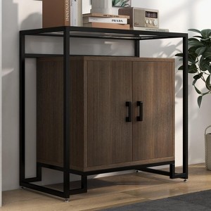Jojoka Modern Cabinet with Tempered Glass Top – Farmhouse Buffet Sideboard with Steel Frame, Oak - 1 of 4