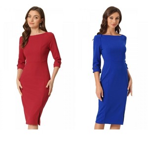 INSPIRE CHIC Women's Elegant Boat Neck 3/4 Sleeves Work Midi Split Sheath Dress 2 Packs - 1 of 4