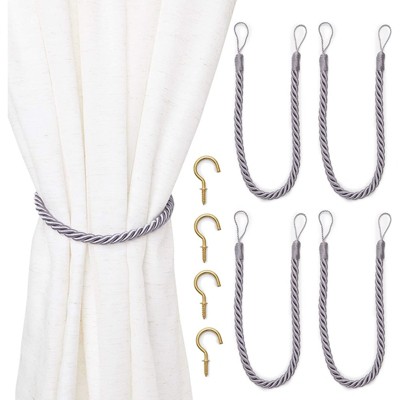 Juvale 2 Pairs Light Grey Rope Curtain Tiebacks with Hooks, Holdbacks for Window Drapes (26 in)