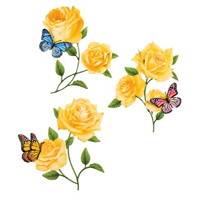 Collections Etc Yellow Rose Butterfly Metal Wall Art Trio MEDIUM