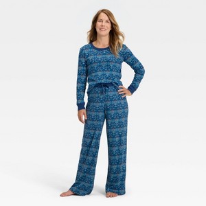 Women's Hanukkah Ribbed Long Sleeve Shirt and Pants Holiday Matching Family Pajama Set - Wondershop™ Blue - 1 of 4