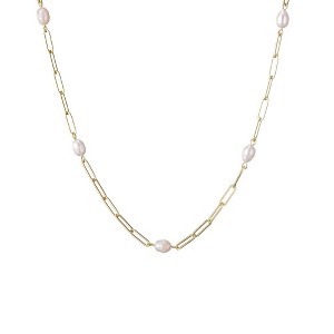 Adornia 14k Gold Plated Freshwater Pearl Station Paper Clip Chain Necklace - 1 of 4