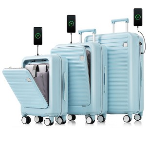 3 Piece Luggage Set, Carry-on Luggage With Cup Holder, Spinner Wheels, USB Port, ABS Hard Shell Front Opening Luggage, Airline Certified Luggage - 1 of 4