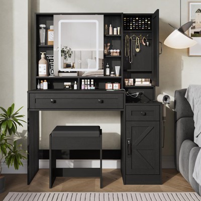 Makeup Vanity Desk with  Mirror, Lights, Power Outlet, Chair & Jewelry Cabinet