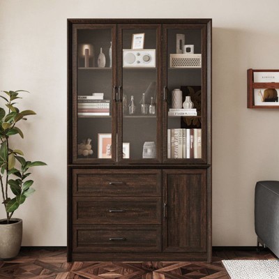 FUFU&GAGA Tall Storage Display Cabinet for Collectibles,Storage Hutch,Display Shelf,3 Glass-Door,3-Drawer,Living Room Organizer,Home Office Bookshelf