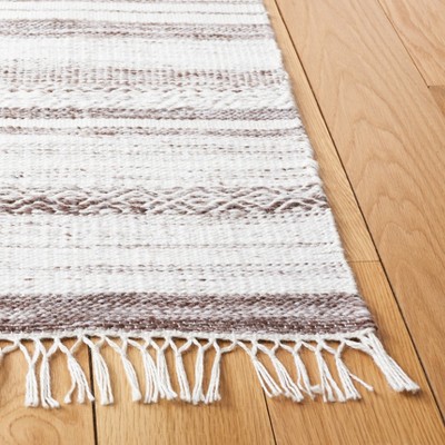 Ivory and Brown Striped Kilim 7' Square Wool Area Rug