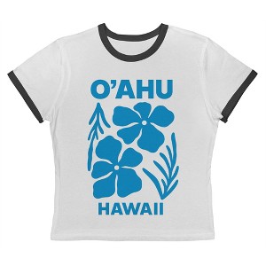 Rerun Island Women's O Ahu Hawaii Blue Hibiscus Short Sleeve Graphic Cotton Retro Vintage Ranger Baby Tee - White Caviar XL - 1 of 4