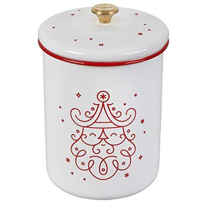 Le Creuset Enamel On Steel Noel Collection Cookie Jar 4.25 qt. (6.3"  x 8.3" ) White with Cerise Applique and Gold Knob