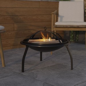 Emma and Oliver 22.5" Black Iron Foldable Wood Burning Outdoor Firepit with Mesh Screen & Poker - 1 of 4