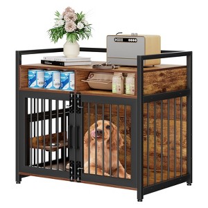 Furniture Dog Crate, Large Dog Crate Furniture with Drawers, 360¡ã and Adjustable Raised Feeder, Wooden Dog Crate for Large Medium Dog Indoor - 1 of 4