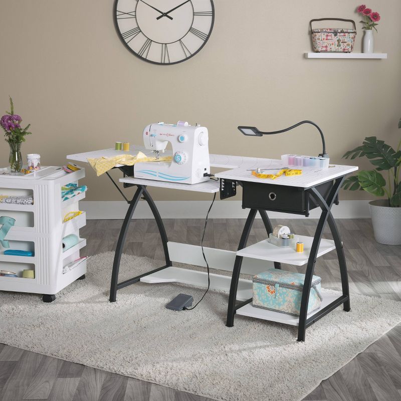Comet Hobby/Office/Sewing Desk with Fold Down Top, Height Adjustable Platform, Bottom Storage Shelf and Drawer Black/White - Sew Ready, 2 of 26