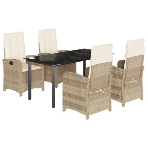vidaXL 5 Piece Patio Dining Set with Cushions - Beige Poly Rattan Outdoor Garden Furniture - Adjustable Reclining Chairs and Glass Tabletop - 1 of 4