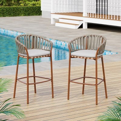 30'' H Modern Woven Rope Barstools Set of 2,Fabric Upholstered Patio Armrest Barstool,Outdoor Metal Height Bar Stool with Footrest-Coolbibila