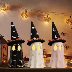 Racxily Set of 3 Halloween Decorations Indoor, Ceramic Ghosts with Witch Hats, Cute Spooky Halloween Ghost Figurines for Mantel, Tabletop - 1 of 4