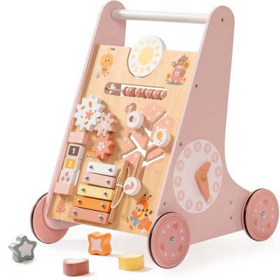 ROBOTIME Baby Walkers, Wooden Baby Walker with Wheels for Toddlers, Push Toys for Babies Learning to Walk, Pink, 13.4"*15"*18.5"