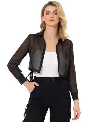 INSPIRE CHIC Women's Button Front Drawstring Hem Point Collar Mesh Sheer Long Sleeve Shirt