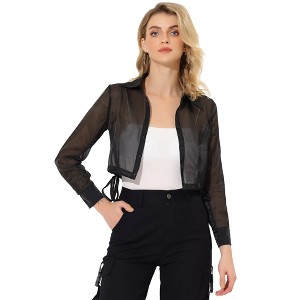 INSPIRE CHIC Women's Button Front Drawstring Hem Point Collar Mesh Sheer Long Sleeve Shirt - 1 of 4