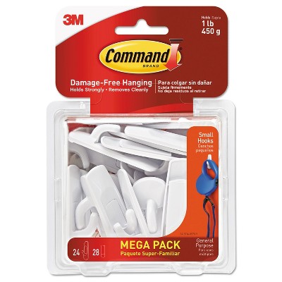 Command General Purpose Hooks 1lb Capacity Plastic White 24 Hooks 28 Strips/Pack 17002MPES