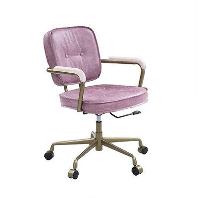 Aurora Pink Top Grain Leather Swivel Accent Chair with Fixed Arms
