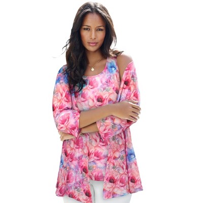 Roaman's Women's Plus Size Printed 2 Piece Tank And Cardigan Set