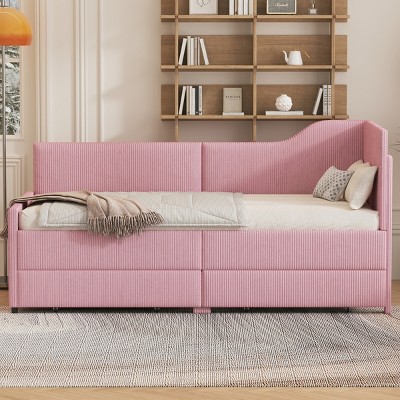 Twin Size L-Shaped Upholstered Daybed with Corduroy Finish and 2 Storage Drawers for Kids or Guest Room-Cuddlewood
