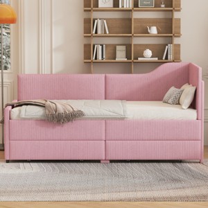 Twin Size L-Shaped Upholstered Daybed with Corduroy Finish and 2 Storage Drawers for Kids or Guest Room-Cuddlewood - 1 of 4