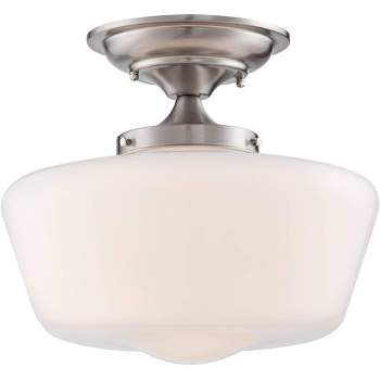 Regency Hill Rustic Farmhouse Ceiling Light Semi Flush Mount Fixture 12" Wide Brushed Nickel Opal White Glass Shade for Bedroom Kitchen Living Room