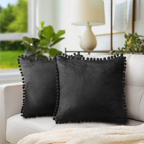 Outdoor Cozy Throw Pillow Covers Cases for Couch Sofa Home Decoration Solid Dyed Soft Chenille Black (2-Pack)