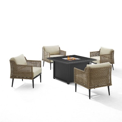 Southwick 5pc Outdoor Wicker Conversation Set with 4 Arm Chairs & Dante Fire Table - Cream/Light Brown - Crosley