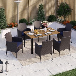 Captiva Designs 7pc Patio Slatted Top Steel Dining Table with Umbrella Hole & Cushioned Armrest Rattan Chairs - 1 of 4