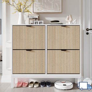 Jojoka Slim 4-Door Shoe Cabinet with Flip Drawers – Adjustable Shelves, Narrow Entryway Shoe Organizer with Farmhouse Fluted Design - 1 of 4