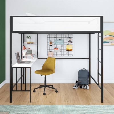 Full Size Loft Bed with Desk and Shelves for Bedroom
