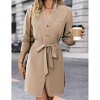 Women's Tie Belt Button Down Shirt Dress Casual Office Mini Length Dress Khaki L - 2 of 4