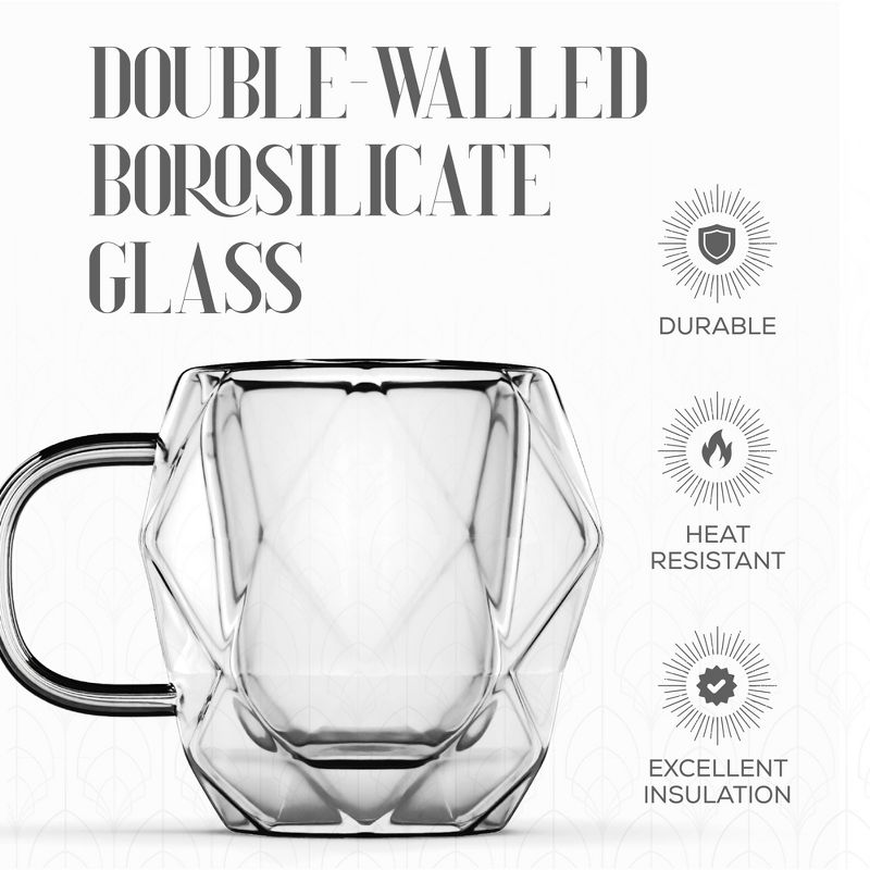 Elle Decor Insulated Coffee Mug Set of 2 Double Wall Diamond Shaped Glasses, Tea Cups, Glass Coffee Mugs, Clear, 5 of 8