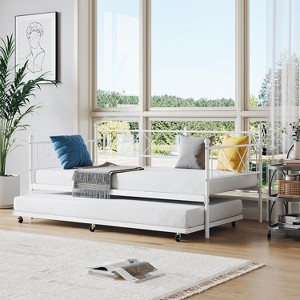 Daybed with Trundle, Sturdy Metal Twin Bed Frame with Heart-shaped Headboard, Day Bed Sofa Bed Frame with Steel Slat Support. - 1 of 4