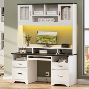 Bestier Executive Hutch Desk with Drawers & Charge Station, 78" H Office Desk LED Modern Wood Computer Desk with Cabinet & Keyboard Tray - 1 of 4