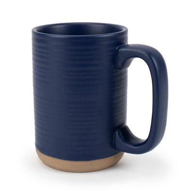 Navy Blue Ceramic Ribbed Coffee Mugs with Raw Clay Bottom, Set of 4