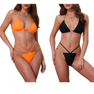 INSPIRE CHIC Women's Heart Rhinestones Chain-Linked Halter Top Triangle Bottoms Swimwear Bathing Bikini Suits 2 Sets - 1 of 4