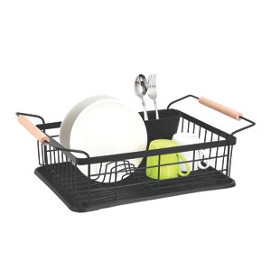 Trio Home 3-Piece Kitchen Counter Dish Drying Rack, wood handle, Removable Utensil Holder and Drainboard, Stainless steel - 1 of 3