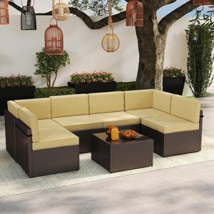 Kinsuite 7Pcs Patio Conversation Set - Wicker Backyard Furniture Outdoor Furniture with Cushions Khaki 7 - 1 of 4