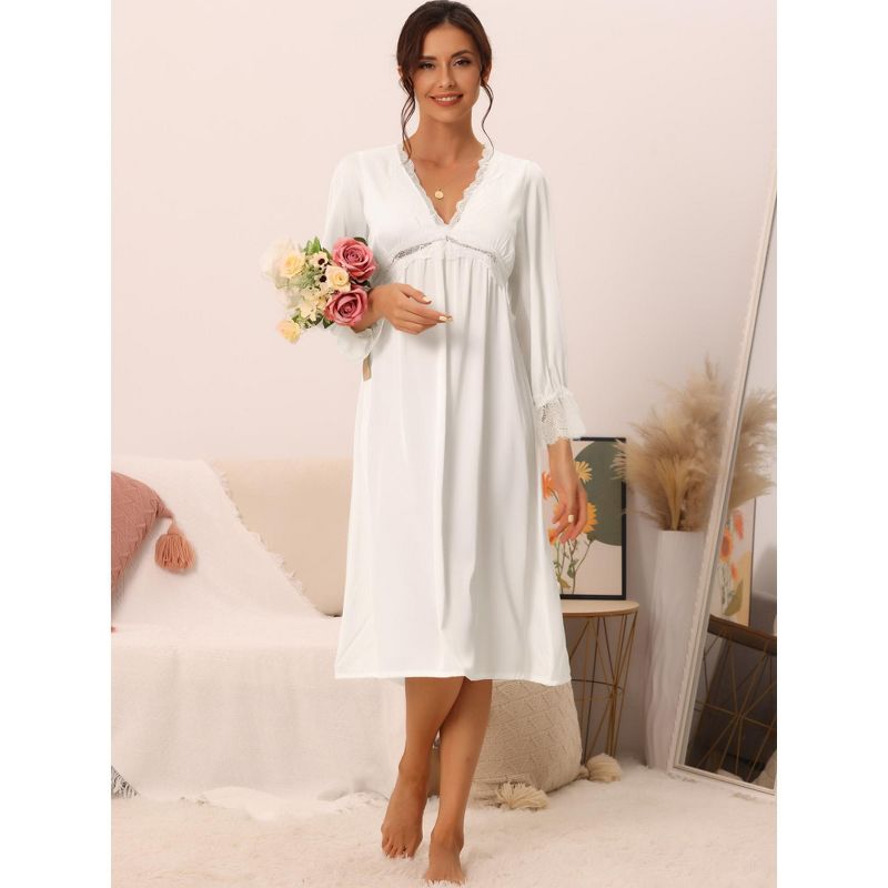 cheibear Womens Satin Nightgowns Long Sleeve Lace Trim V-Neck Pajama Dress, 2 of 6