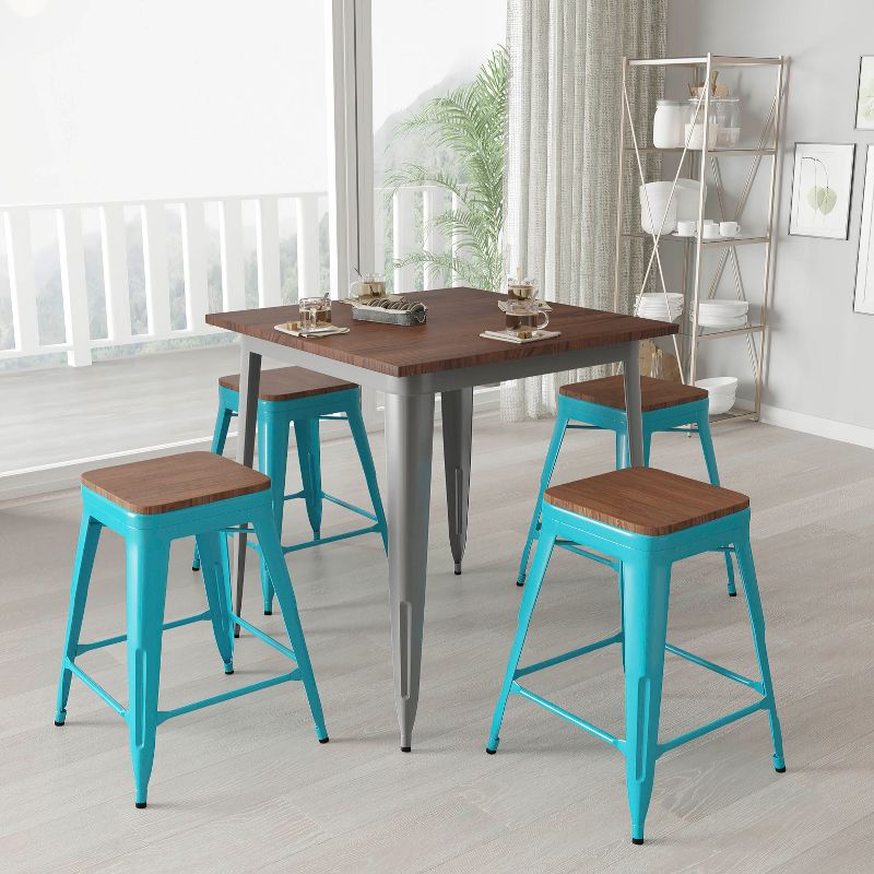 Merrick Lane 24 Inch Tall Stackable Metal Bar Counter Stool With Textured Elm Wood Seat In Set Of 4, 3 of 16
