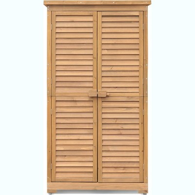 Outdoor Wooden Storage Cabinet Garden Shed Outside Wood Tool Organizer with Waterproof Roof Shelves Louvered Double Doors Removable 3-Tier Shelving