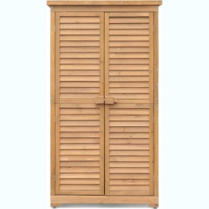 Outdoor Wooden Storage Cabinet Garden Shed Outside Wood Tool Organizer with Waterproof Roof Shelves Louvered Double Doors Removable 3-Tier Shelving - 1 of 4