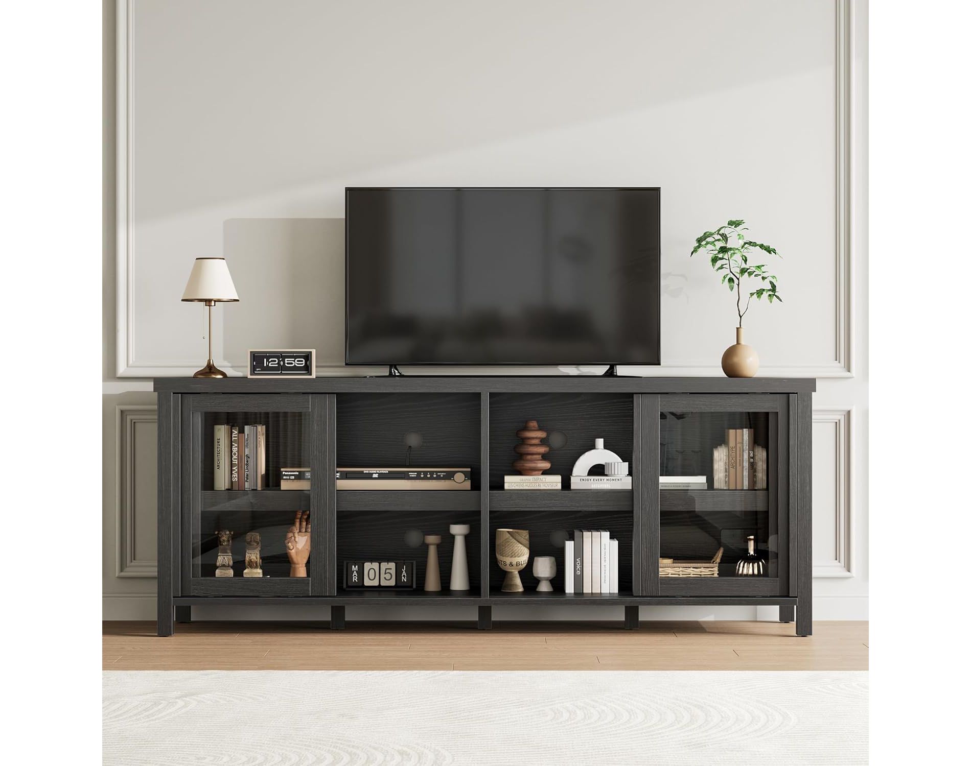 Mid Century Modern TV Stand for 65" TVs, Media Console with 4 Sliding Glass Doors & Storage Cabinet for Living Room