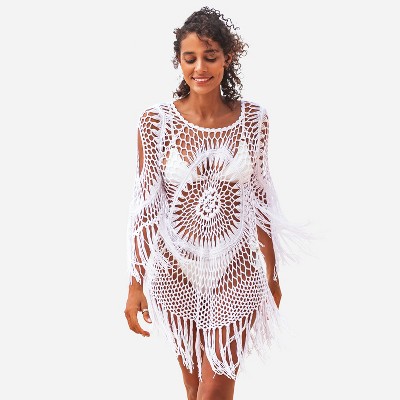 Women's Sheer Crochet Fringe Cover-up Dress - Cupshe-s-white : Target