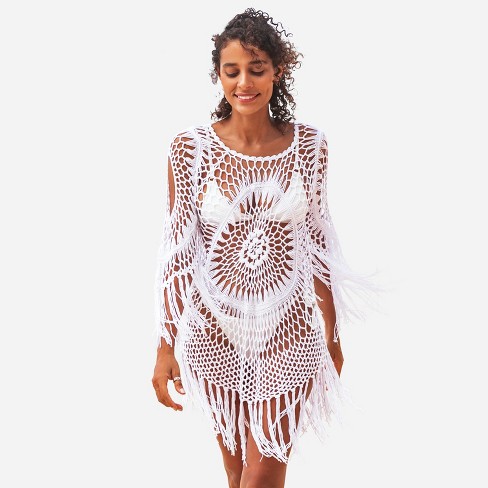 Hole Cover-ups Summer Beach Dress for Women Holiday White Fringe Swim  Coverups 2022 Rhombus Bathsuit Outfits Cover Up Cape Tunic