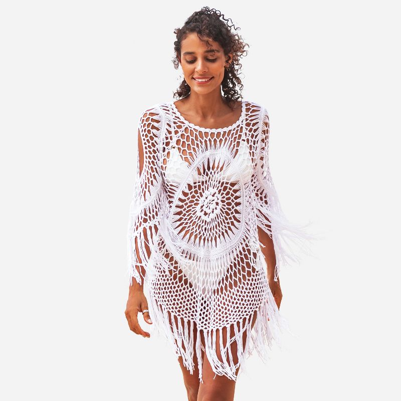 Women's Floral Crochet with Fringe Trim Cover Up Above Knee Length Beachwear- Cupshe, 1 of 8