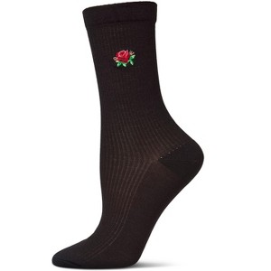 Memoi Women's Rose Embroidered Crew Socks Navy 9-11 - 1 of 3